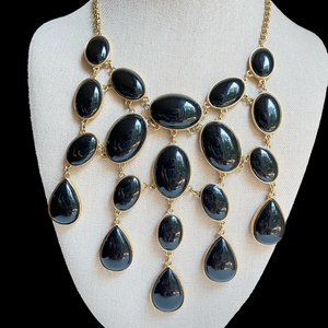 Kenneth Jay Lane KJL signed bib statement necklace goldtone with black cabochons